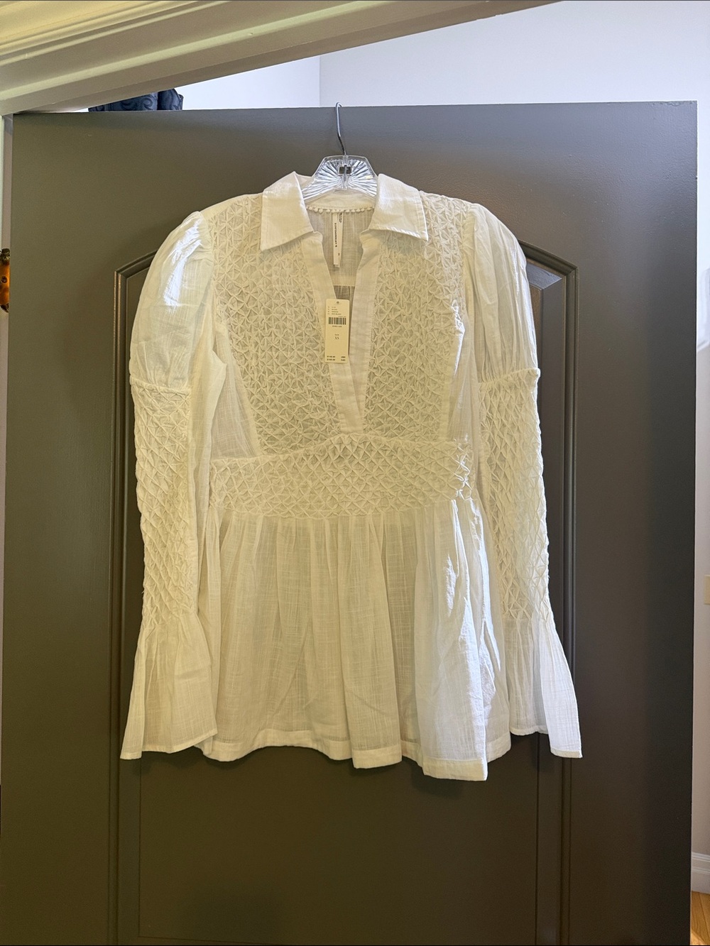 Anthropologie White Smocked Peasant Blouse with Collared V-Neck